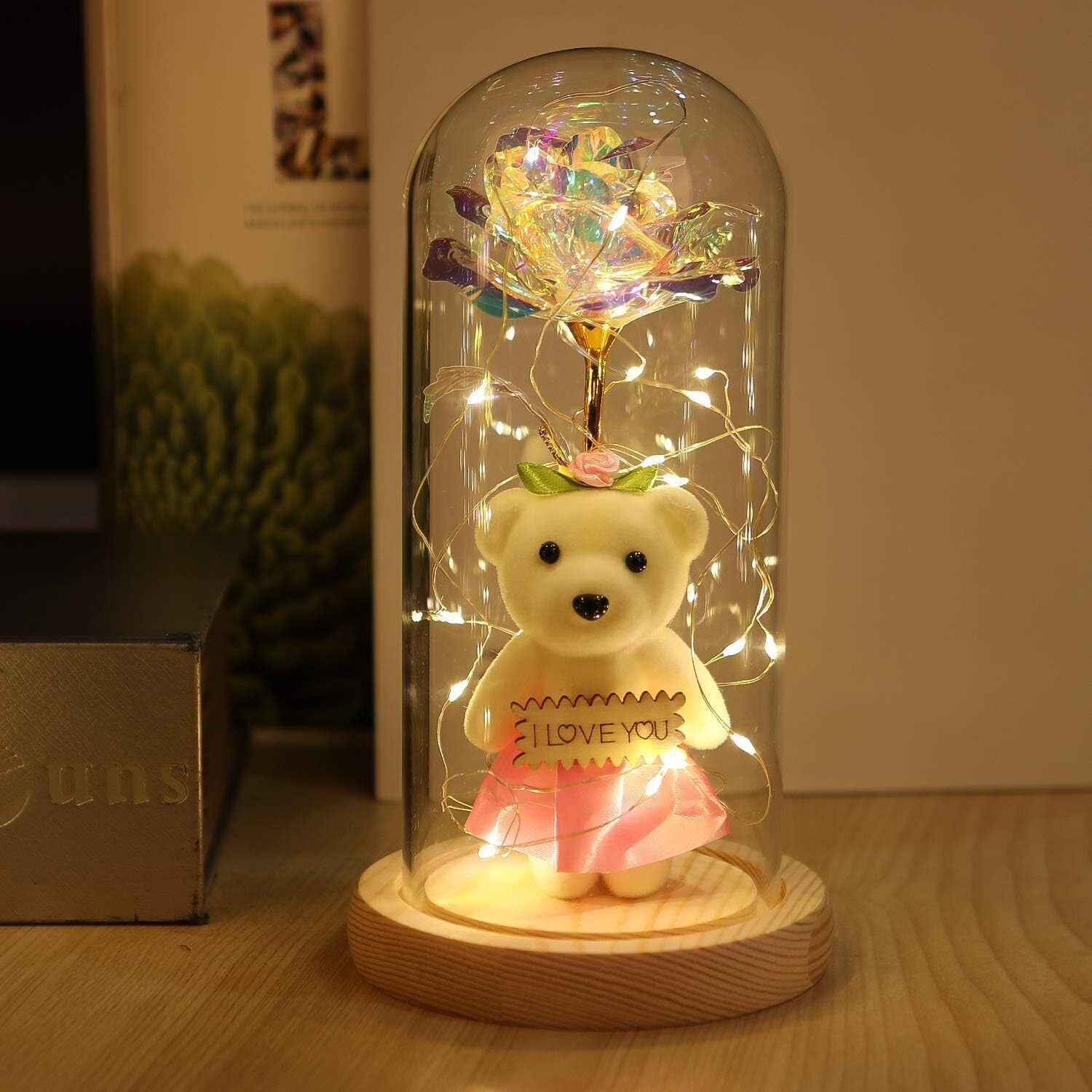 Everlasting Colorful Rose in Glass Dome with LED Lights - Perfect for Valentine's, Mother's Day, Birthdays, and Weddings - Memories-Made.