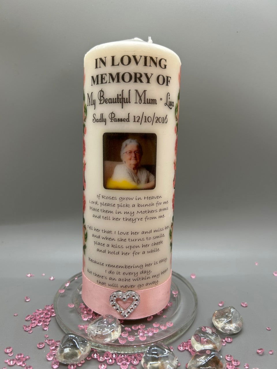 Mother/Mum memorial candle - 20cm - If roses grow in heaven....... (Copy) - Memories-Made.