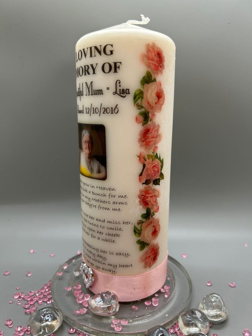 Mother/Mum memorial candle - 20cm - If roses grow in heaven....... (Copy) - Memories-Made.