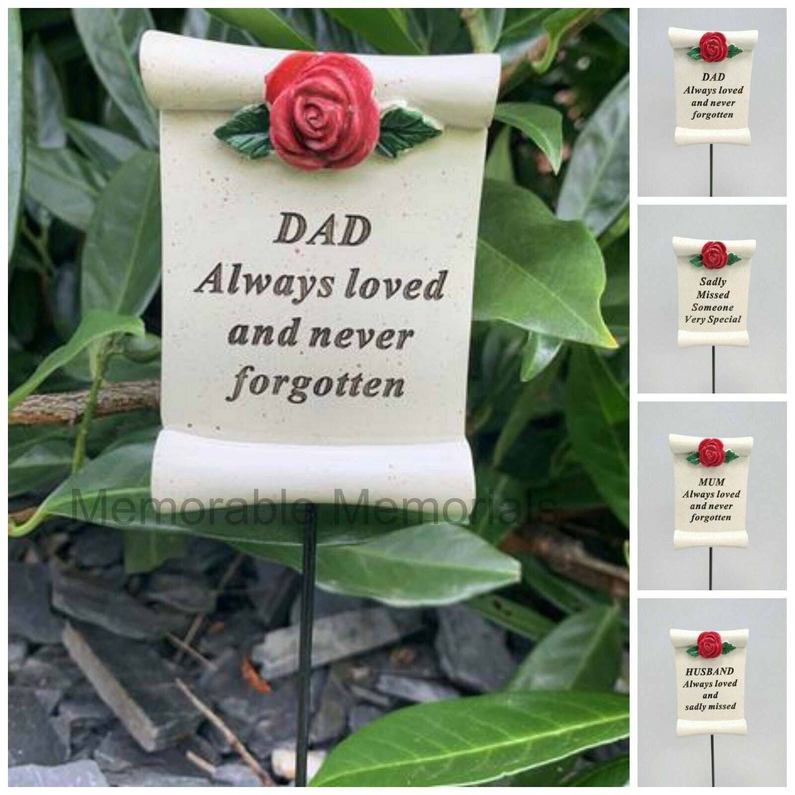 Red Rose Scroll Memorial Stick Remembrance Plaque Tribute Spike Grave Side Stake - Memories-Made.
