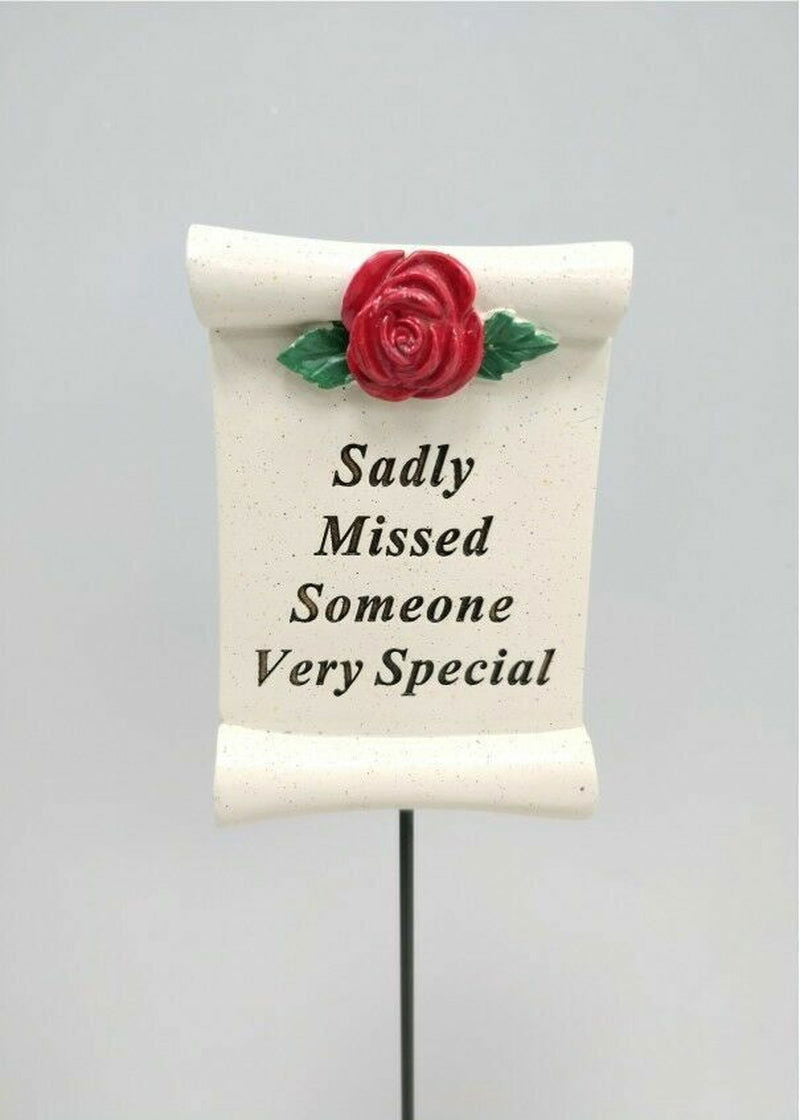 Red Rose Scroll Memorial Stick Remembrance Plaque Tribute Spike Grave Side Stake - Memories-Made.