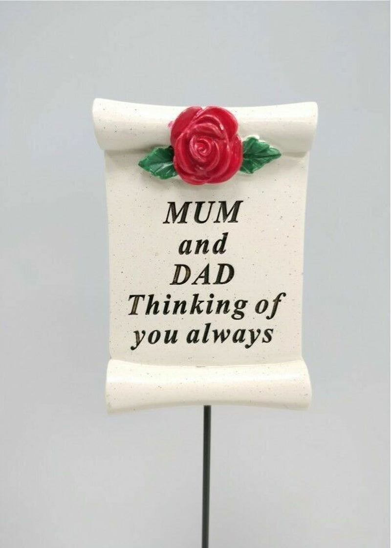 Red Rose Scroll Memorial Stick Remembrance Plaque Tribute Spike Grave Side Stake - Memories-Made.