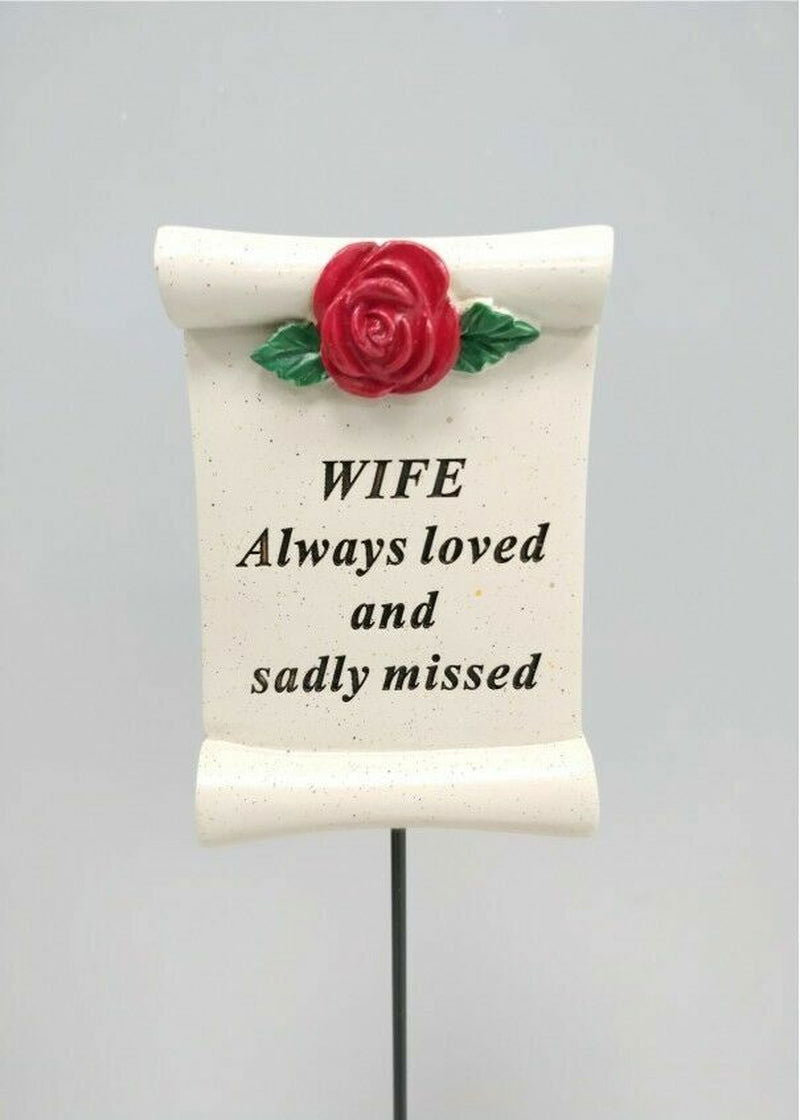 Red Rose Scroll Memorial Stick Remembrance Plaque Tribute Spike Grave Side Stake - Memories-Made.